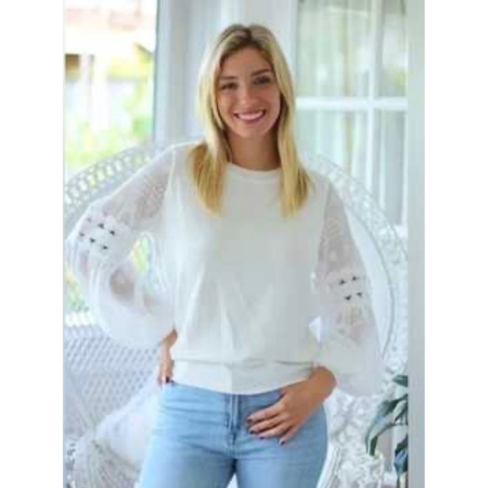 Sioni Milano Women 2X Eggshell White Knit Top Sheer Lace Balloon Sleeve NEW